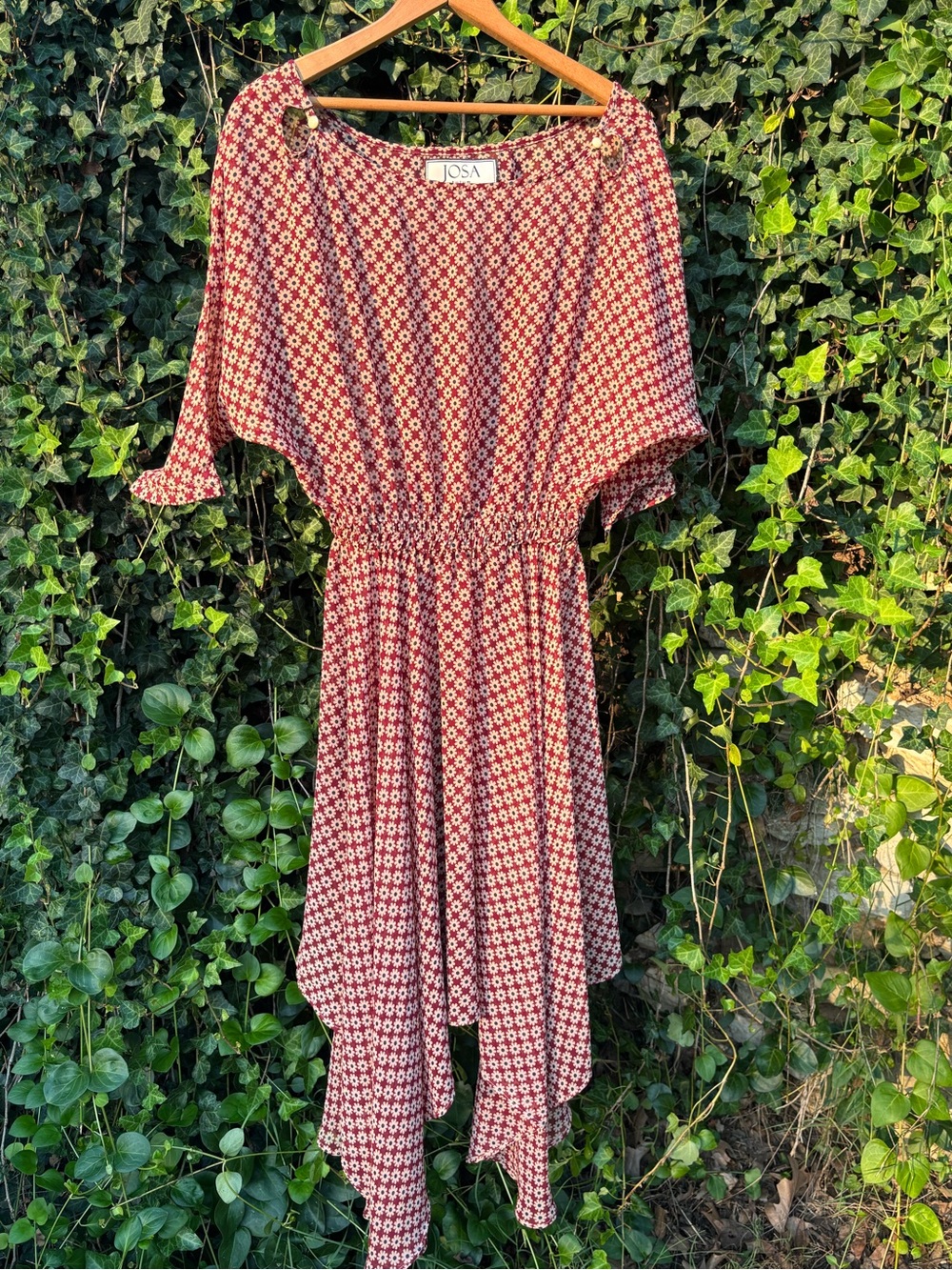 Vintage Red Floral Elastic-Waist Midi Dress